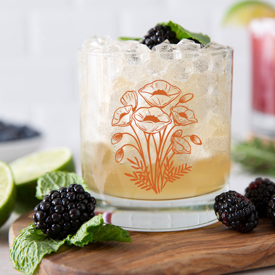 whiskey glass with California Poppy print