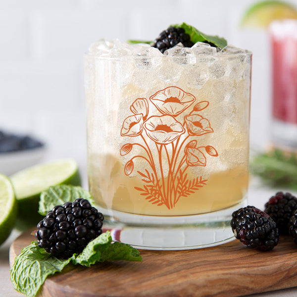 whiskey glass with California Poppy print