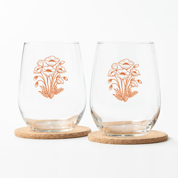 California Poppy Stemless Wine Glasses
