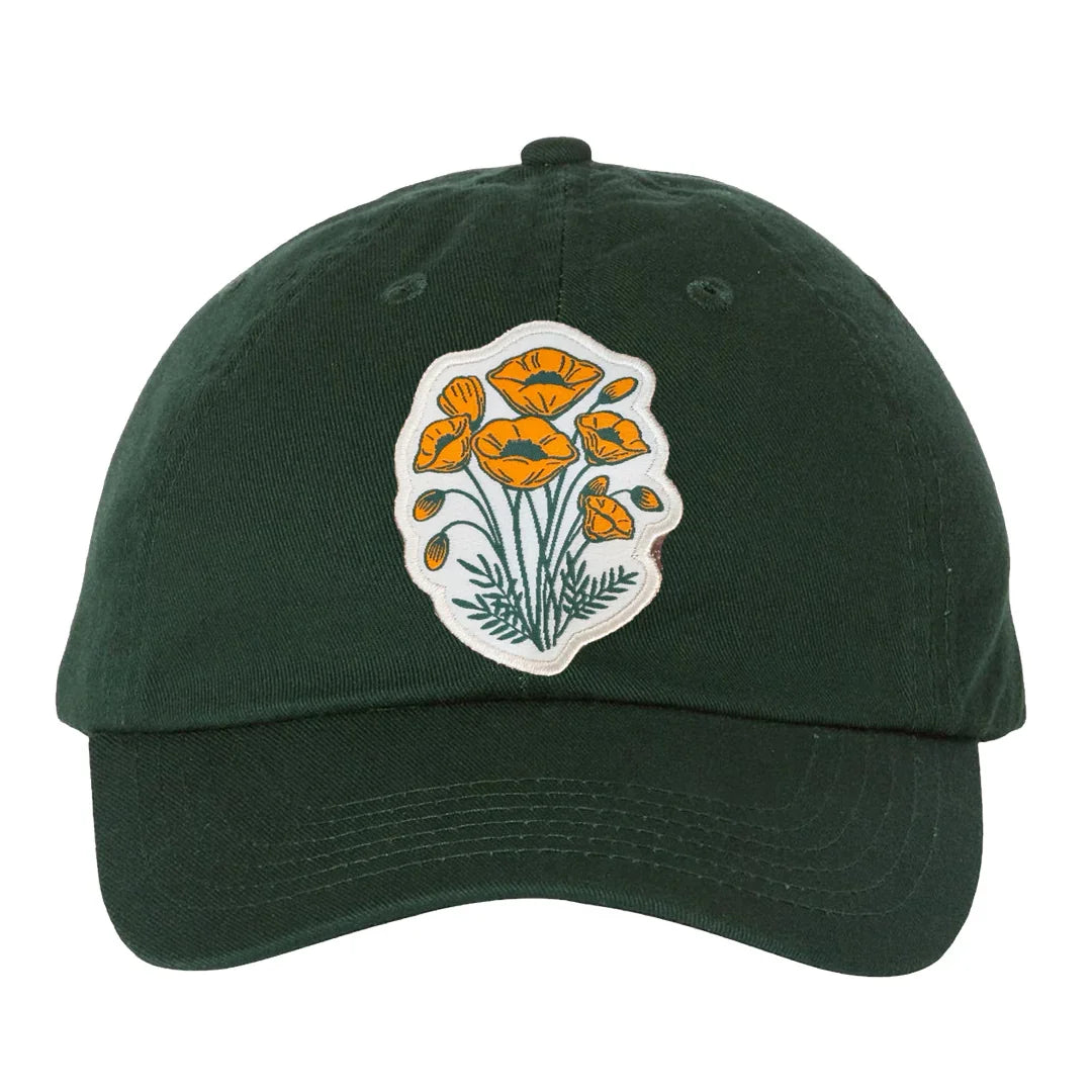 California Poppies Patch Classic Dad Hat – Forest Green Bio-Washed Cotton Cap - Counter Couture