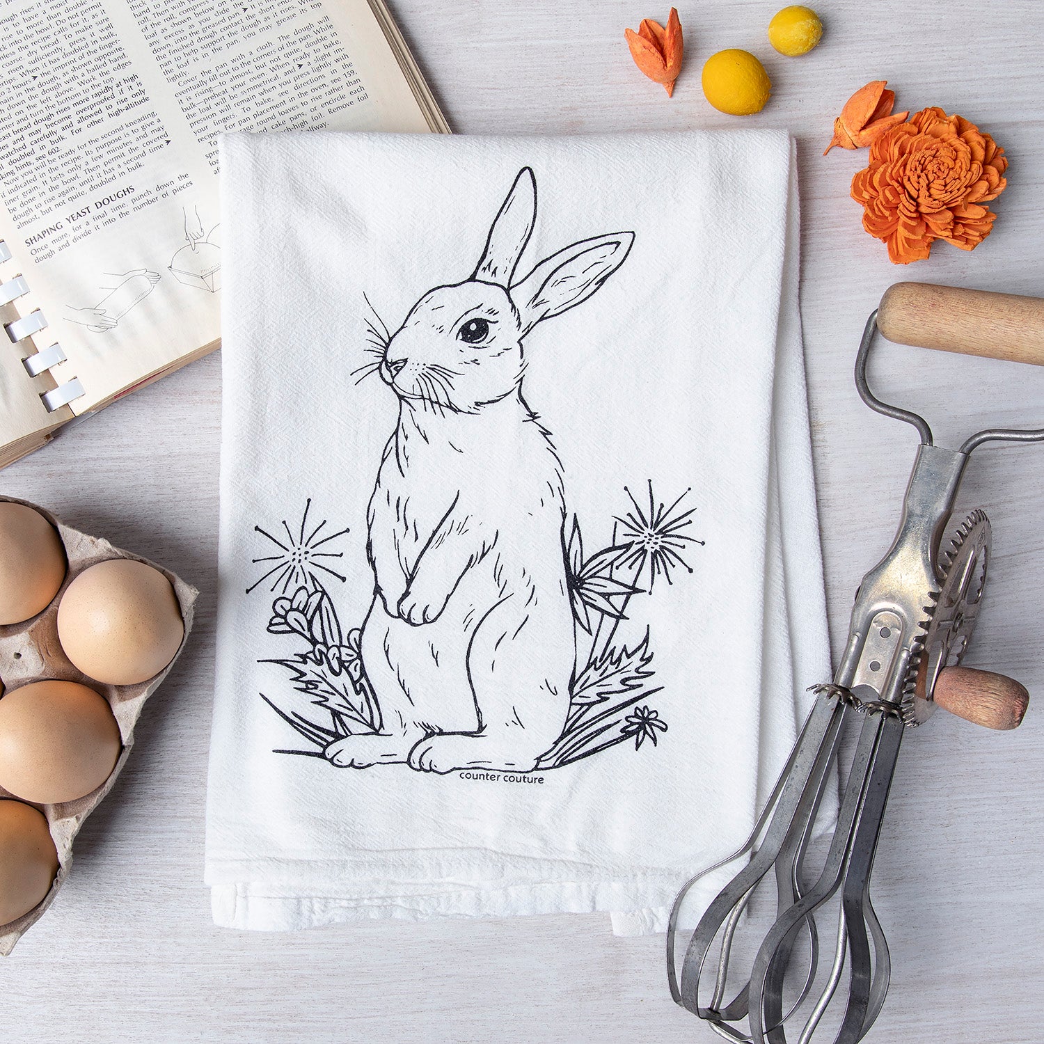 Rabbit Flour Sack Towel - Eco-Friendly Cotton, Hand-Drawn - Counter Couture