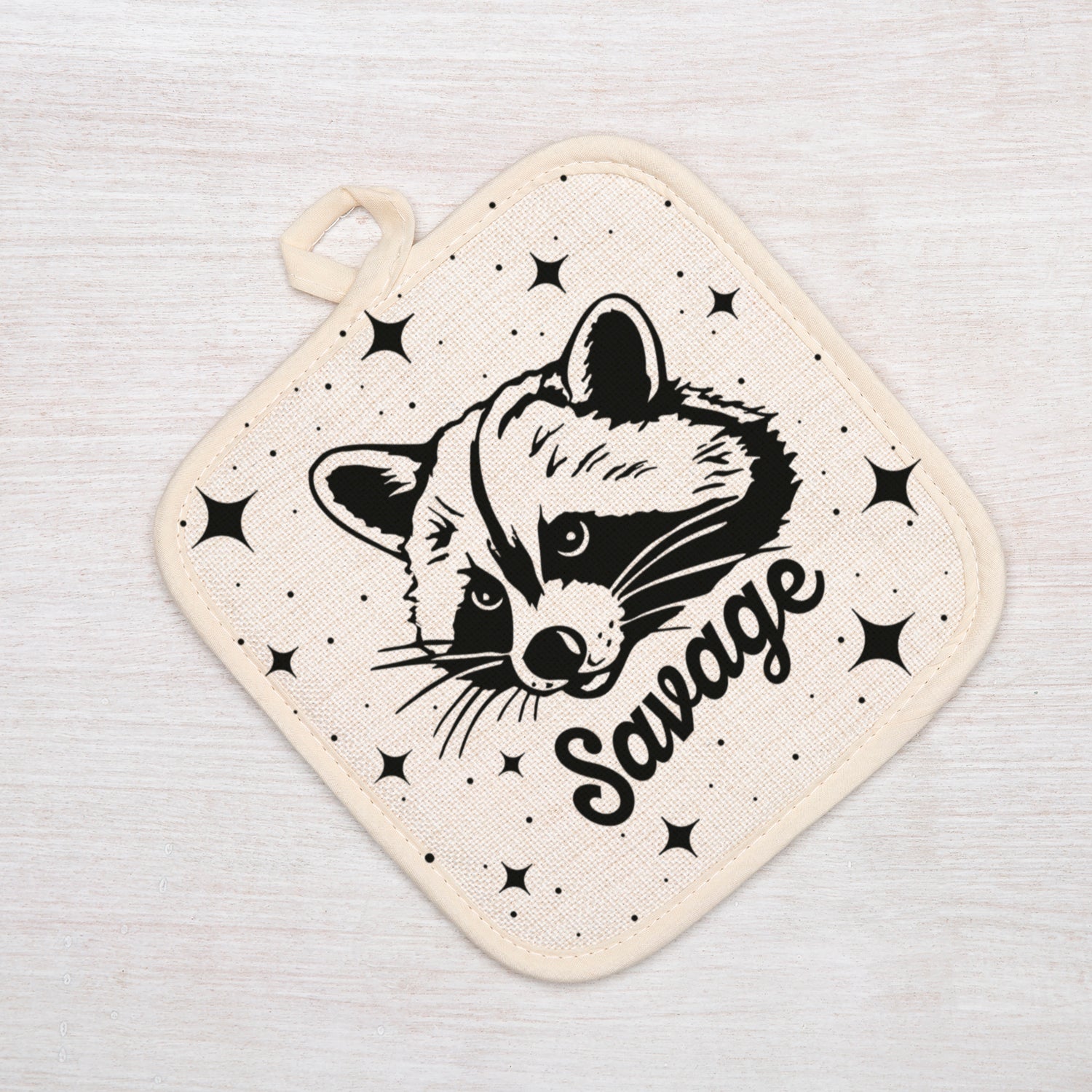 Raccoon Pot Holder - Heat Resistant Potholder with Silver Quilted Backing, Machine Washable 8x8