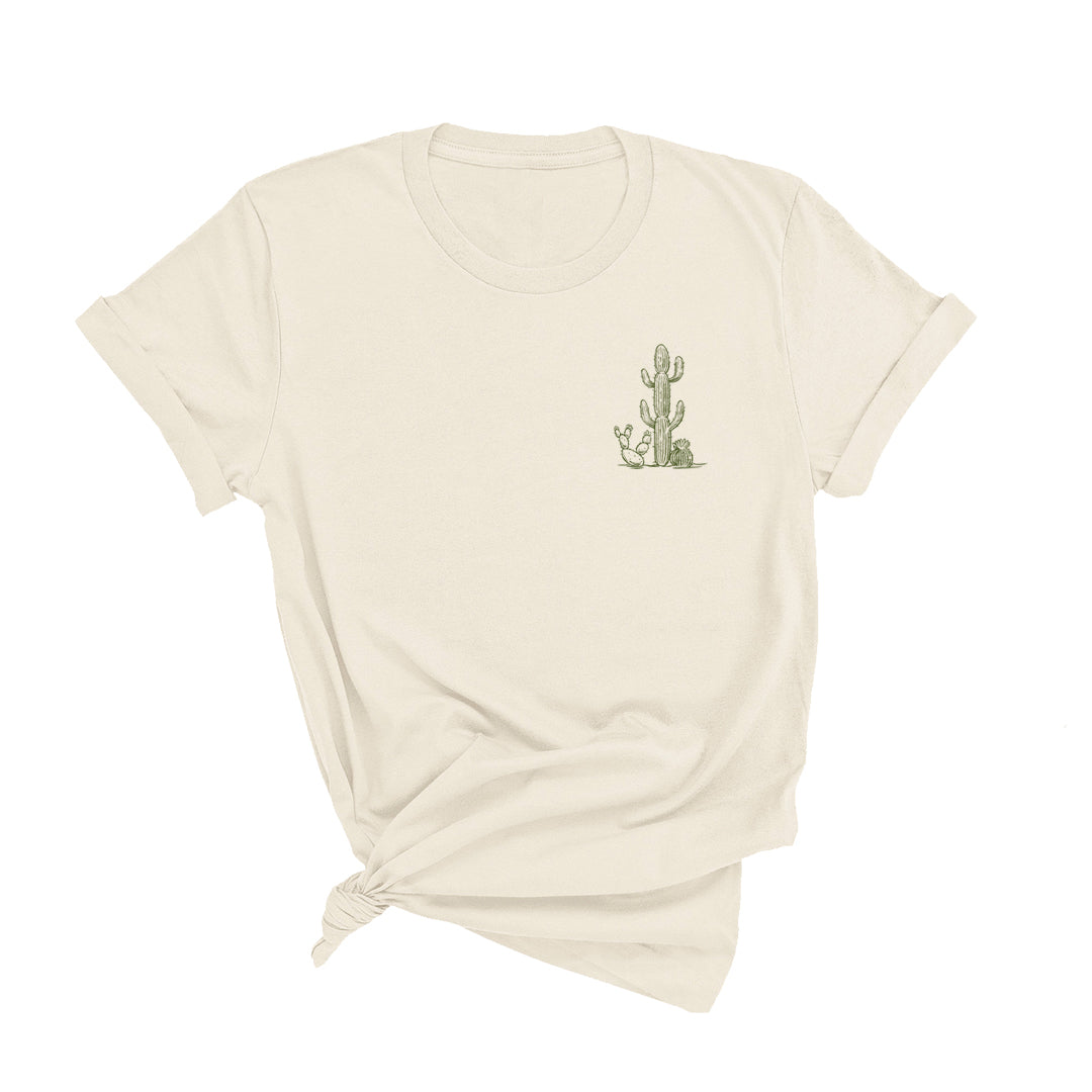 Front view of the Saguaro Unisex T-shirt showcasing the stylish design and eco-friendly inks, ideal for any body type.