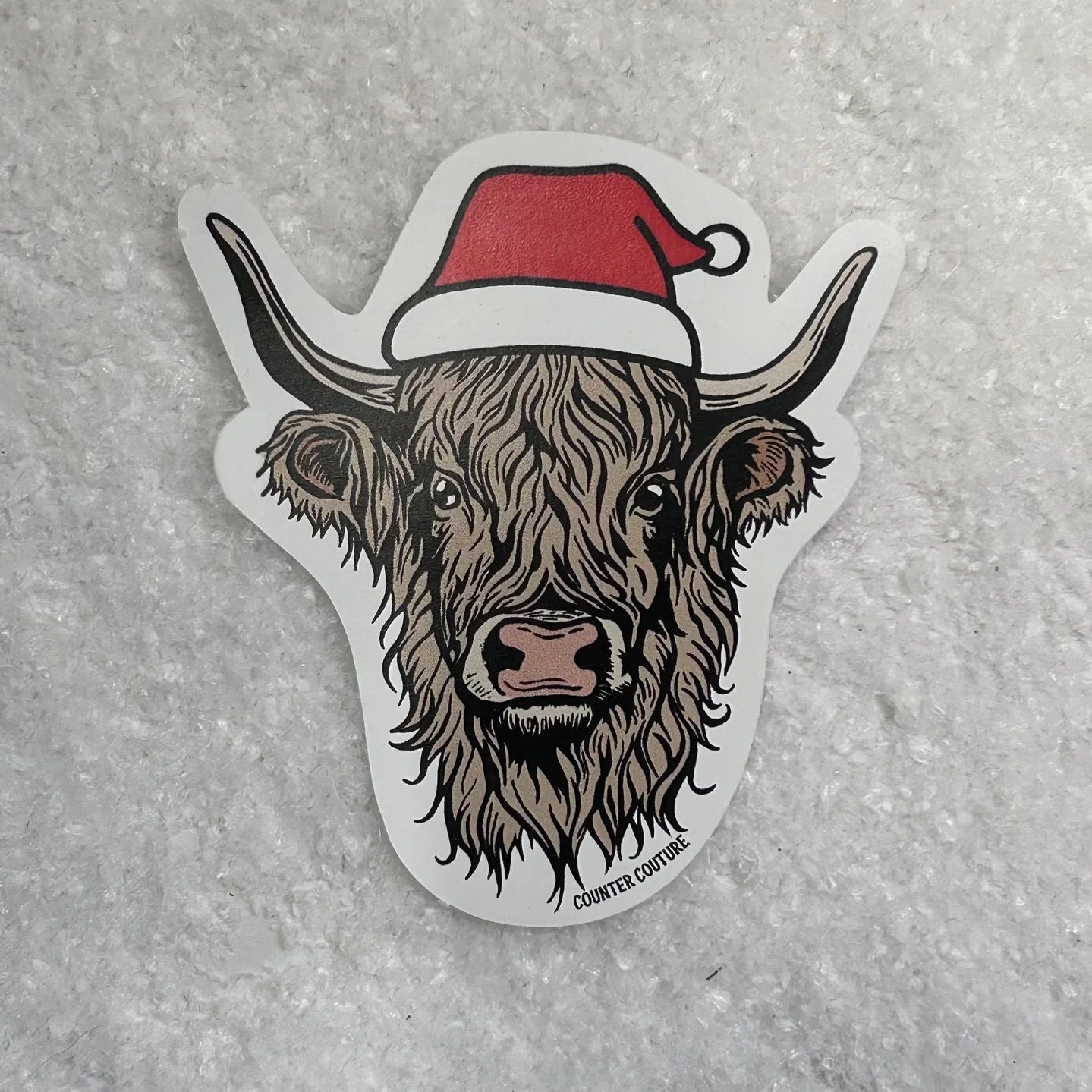 Highland Cow Christmas Sticker – Santa Hat Cow Vinyl Decal – Holiday Farm Animal Sticker – Cute Cow Laptop Sticker – Stocking Stuffer for Cow Lovers - Counter Couture