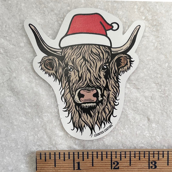 Highland Cow Christmas Sticker – Santa Hat Cow Vinyl Decal – Holiday Farm Animal Sticker – Cute Cow Laptop Sticker – Stocking Stuffer for Cow Lovers