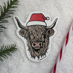 Highland Cow Christmas Sticker – Santa Hat Cow Vinyl Decal – Holiday Farm Animal Sticker – Cute Cow Laptop Sticker – Stocking Stuffer for Cow Lovers - Counter Couture