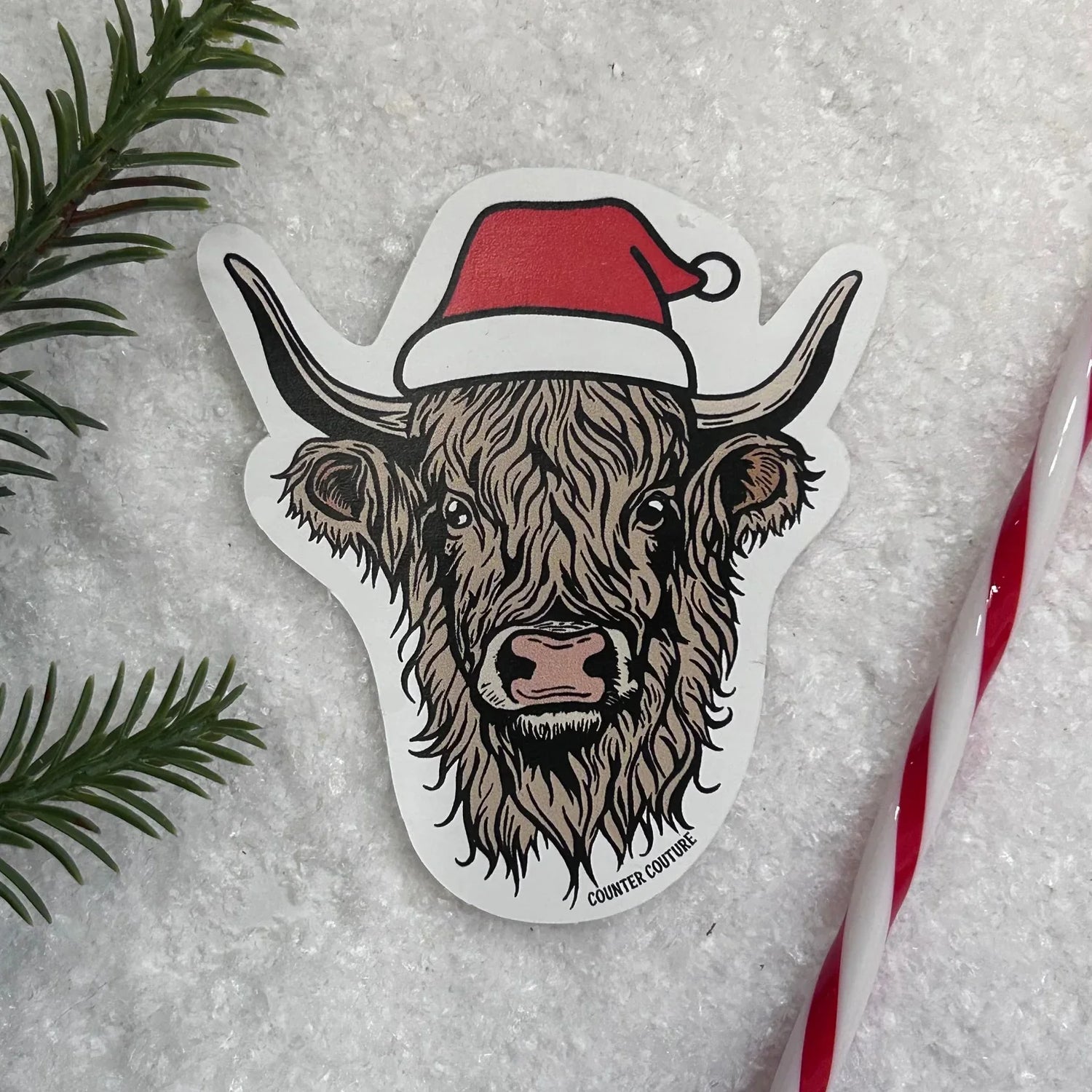 Highland Cow Christmas Sticker – Santa Hat Cow Vinyl Decal – Holiday Farm Animal Sticker – Cute Cow Laptop Sticker – Stocking Stuffer for Cow Lovers - Counter Couture
