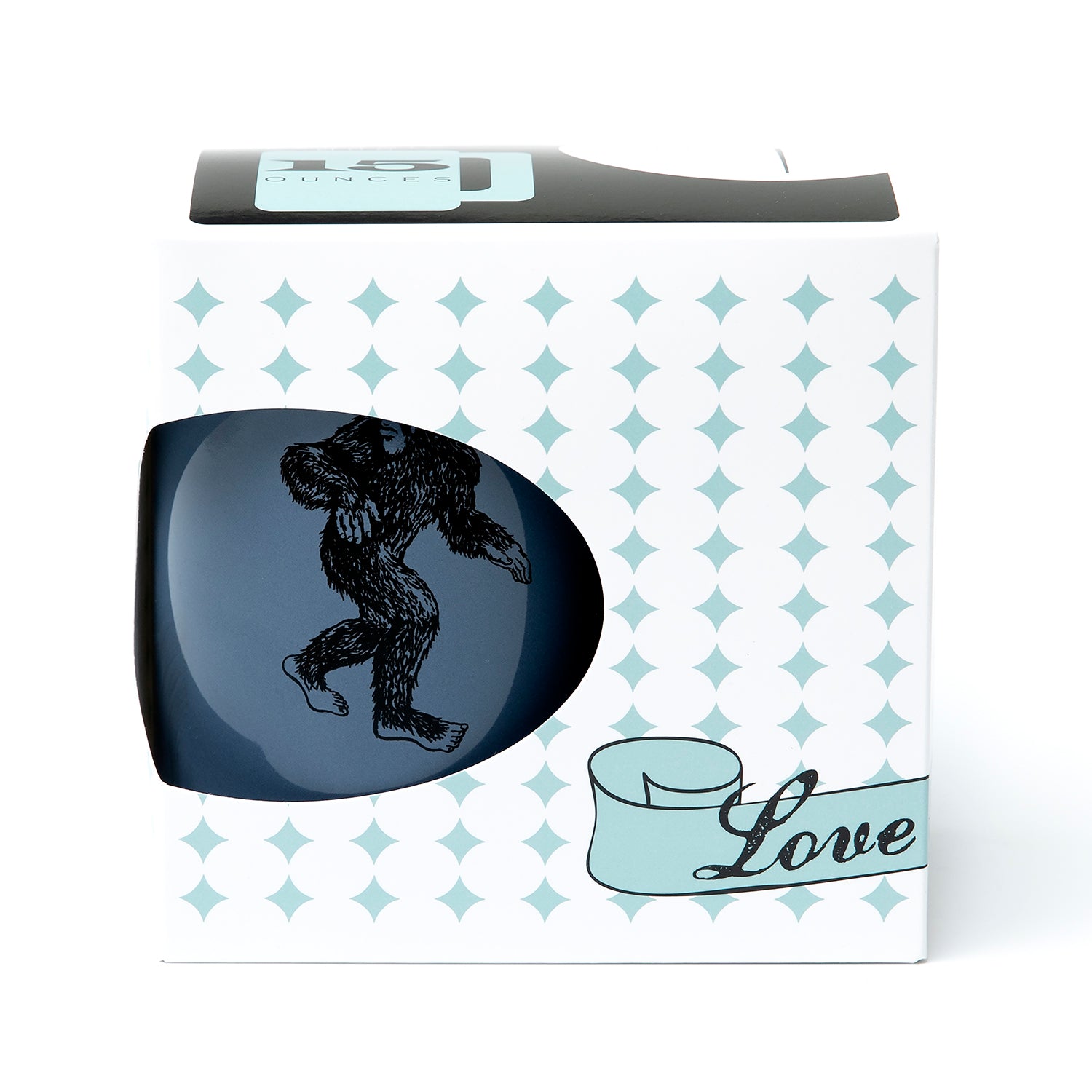 Blue ceramic mug with Sasquatch illustration in decorative gift box featuring 'Love' text