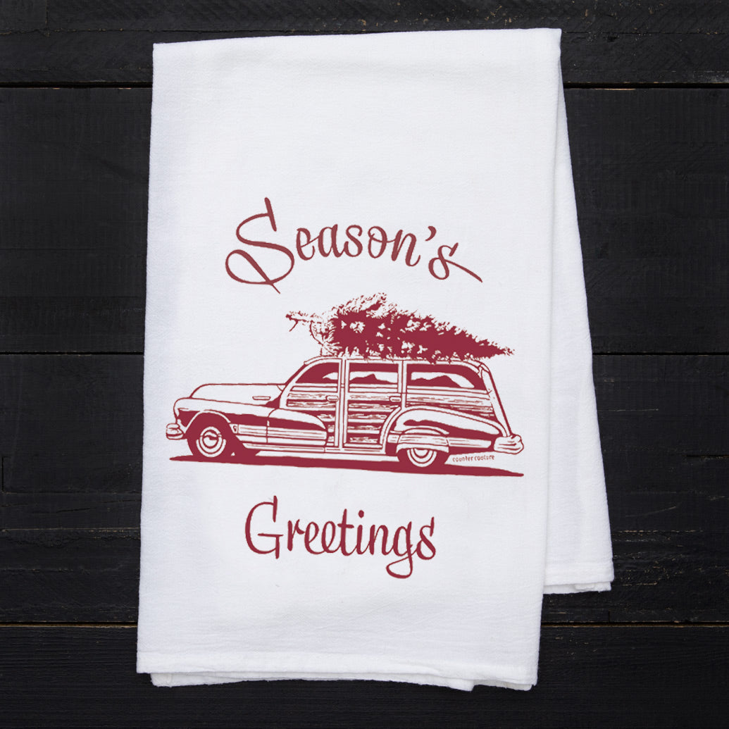 Season's Greetings Woodie Wagon Flour Sack Towel