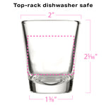 Clear shot glass with size measurements and top-rack dishwasher safe care instructions.