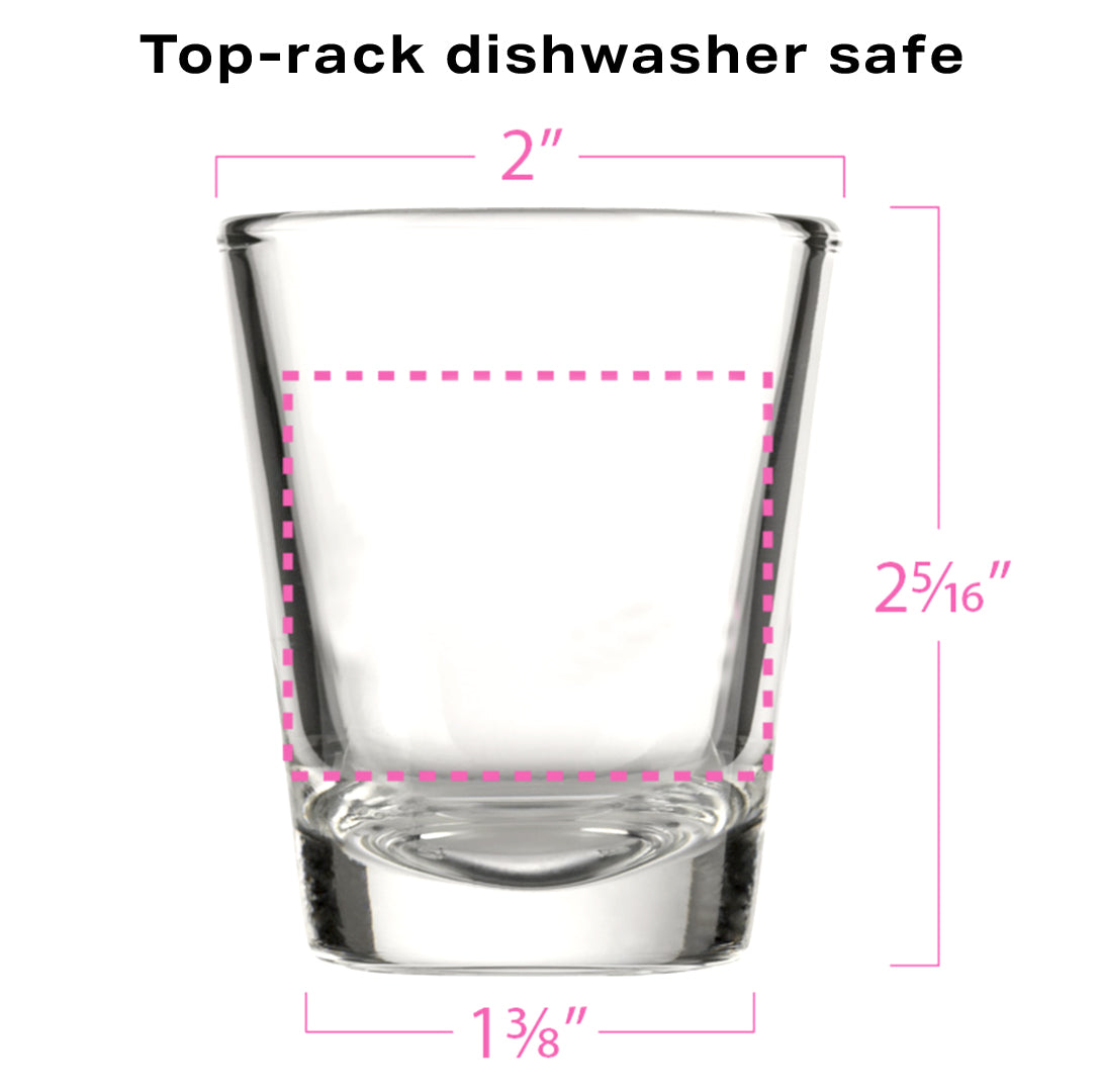 Clear shot glass with measurement lines, labeled as top-rack dishwasher safe.