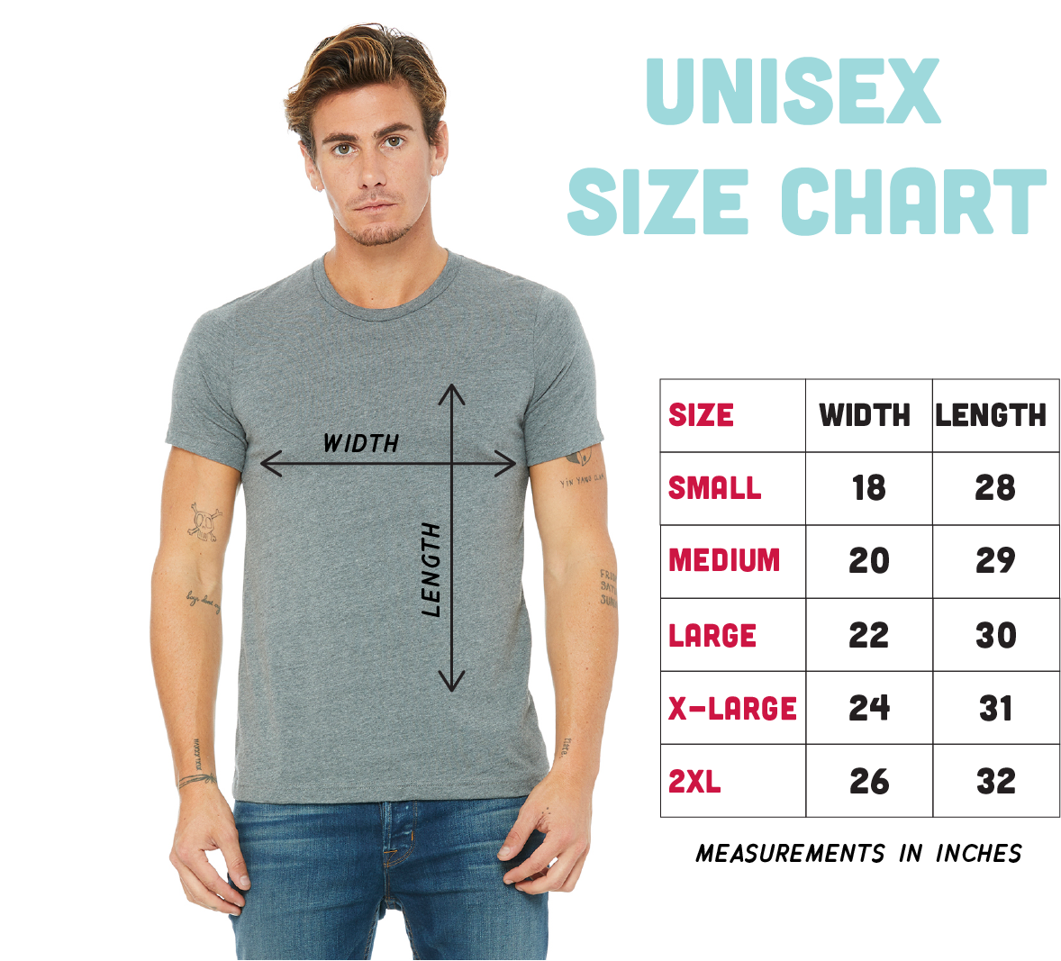 Unisex t-shirt size chart with measurements in inches, male model in gray shirt, width and length guide.