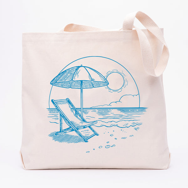 a tote bag with a drawing of a beach chair and umbrella