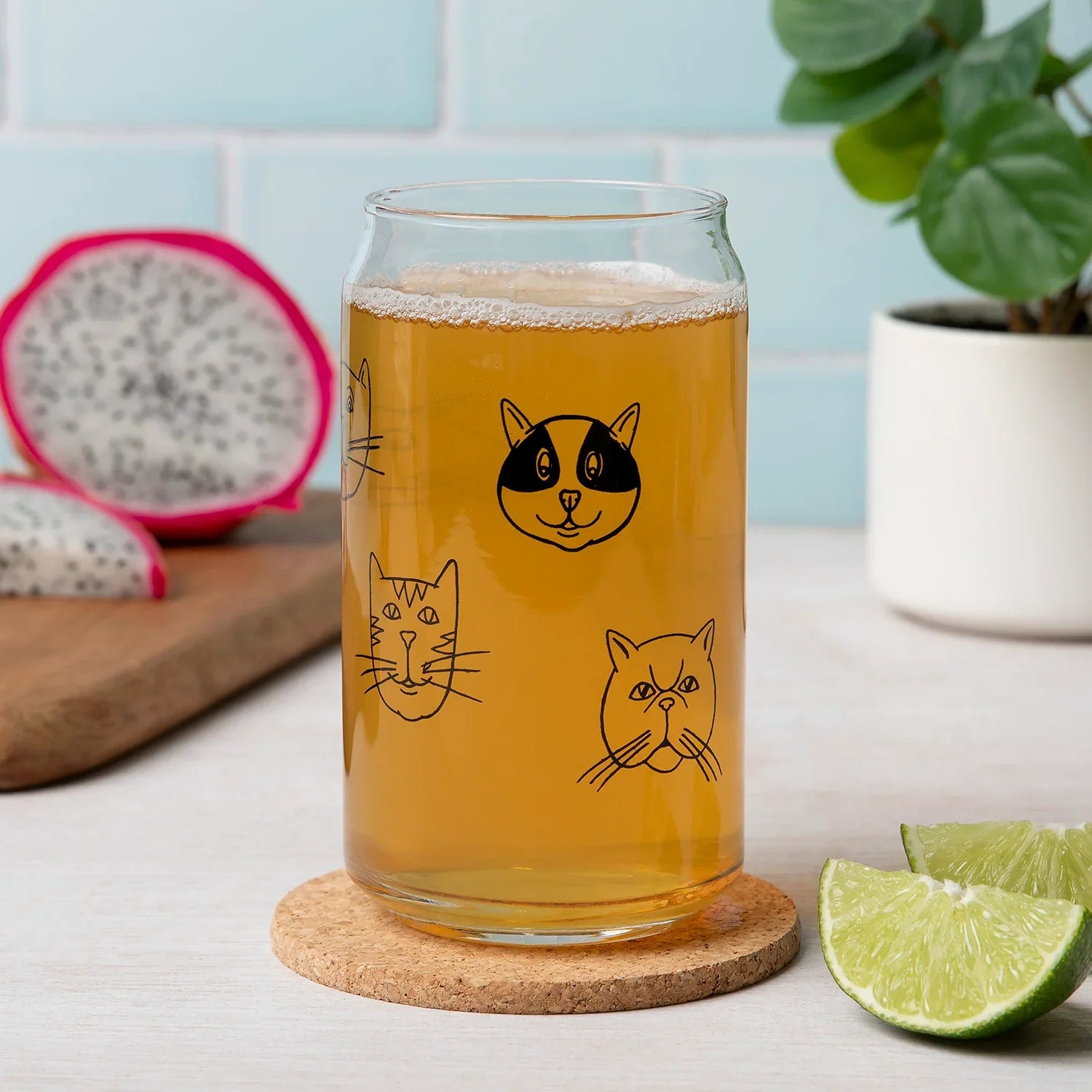 Cat Faces Can Glass - 16oz, Dishwasher Safe, Hand-Drawn - Counter Couture