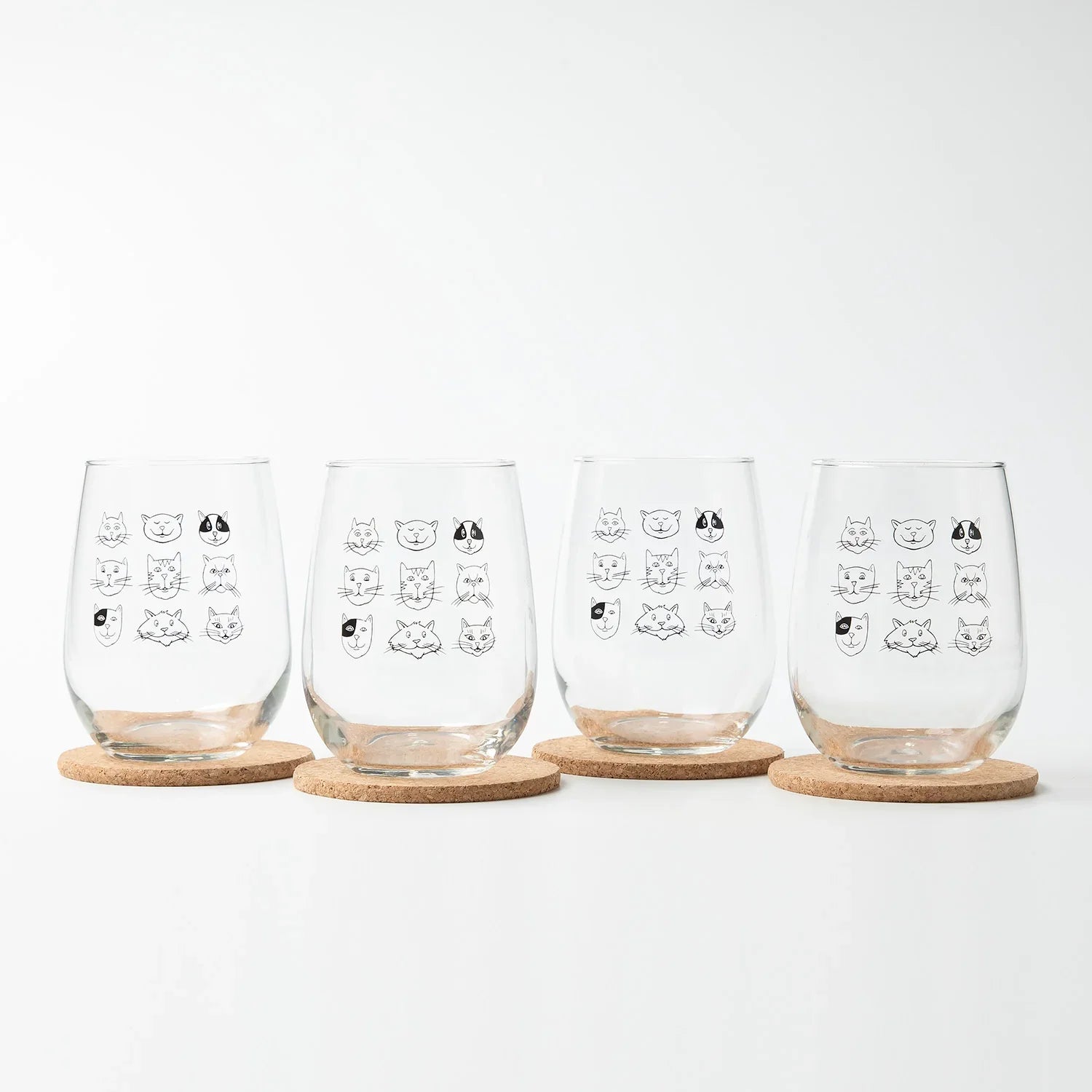 Cat Faces Stemless Wine Glass - 17 oz Glass - Dishwasher Safe - Counter Couture