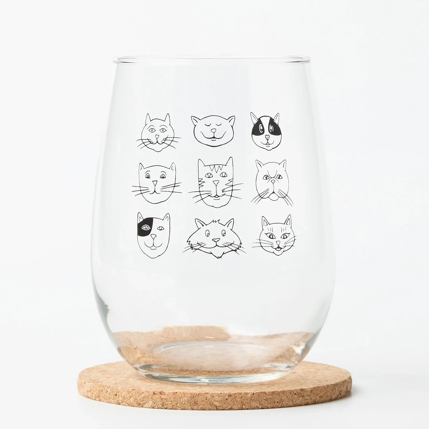 Cat Faces Stemless Wine Glass - 17 oz Glass - Dishwasher Safe - Counter Couture