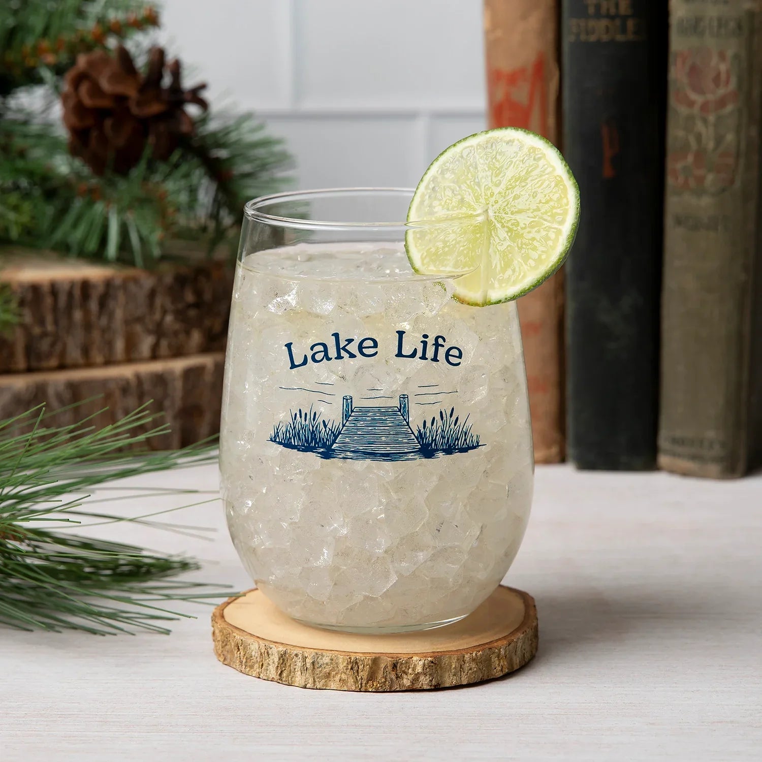 Lake Life Stemless Wine Glass - 17 oz Glass - Dishwasher Safe - Counter Couture