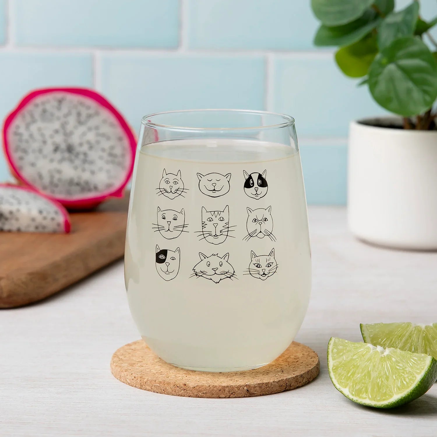 Cat Faces Stemless Wine Glass - 17 oz Glass - Dishwasher Safe - Counter Couture