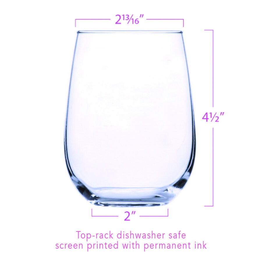 Clear stemless wine glass with dimensions and dishwasher safe label, ideal for barware.