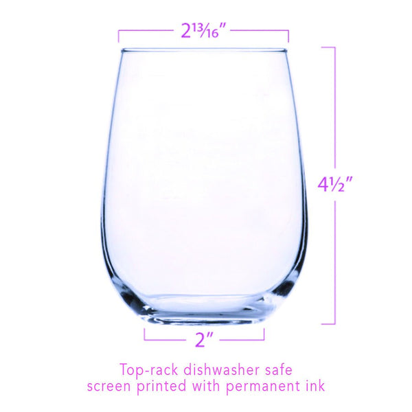 Clear stemless glass with dimension labels, suitable for barware, dishwasher safe.