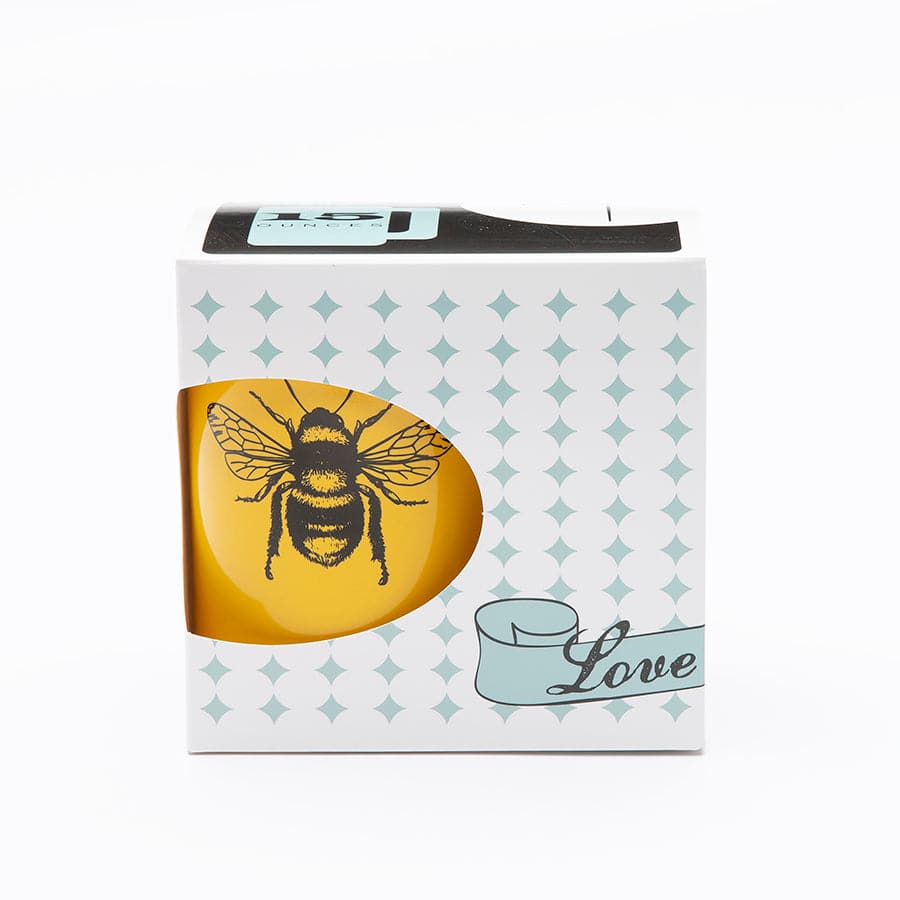 Gift box with bee illustration and Love text, modern patterned packaging
