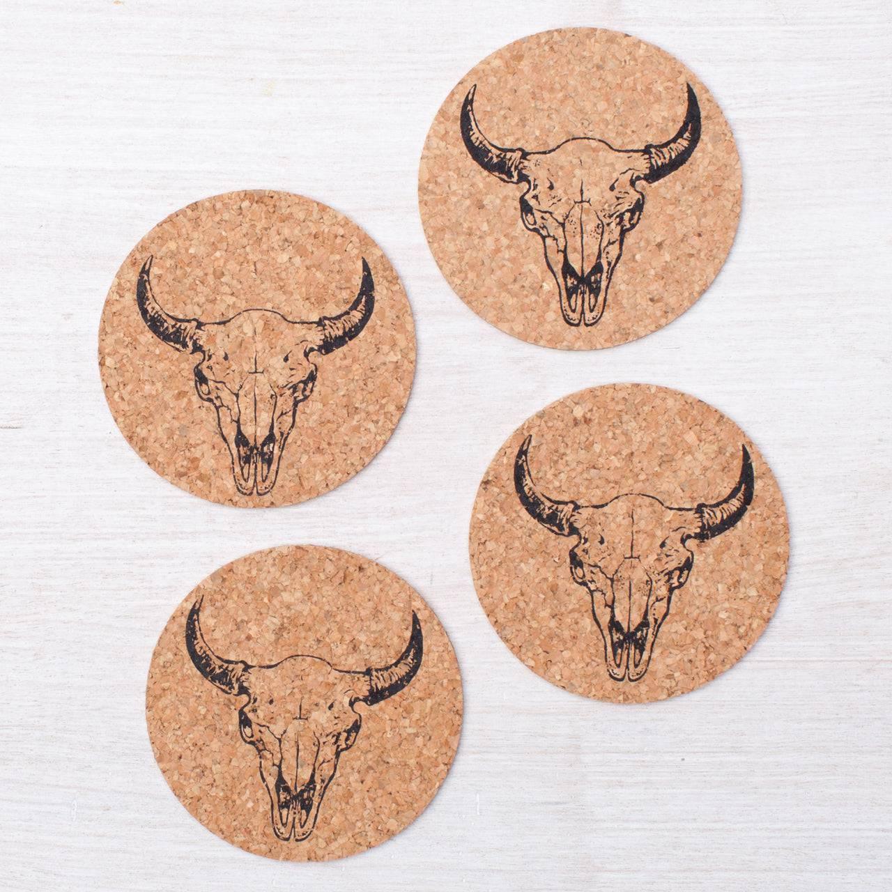 Buffalo Skull Cork Coaster - Hand-Printed, Eco-Friendly - Counter Couture