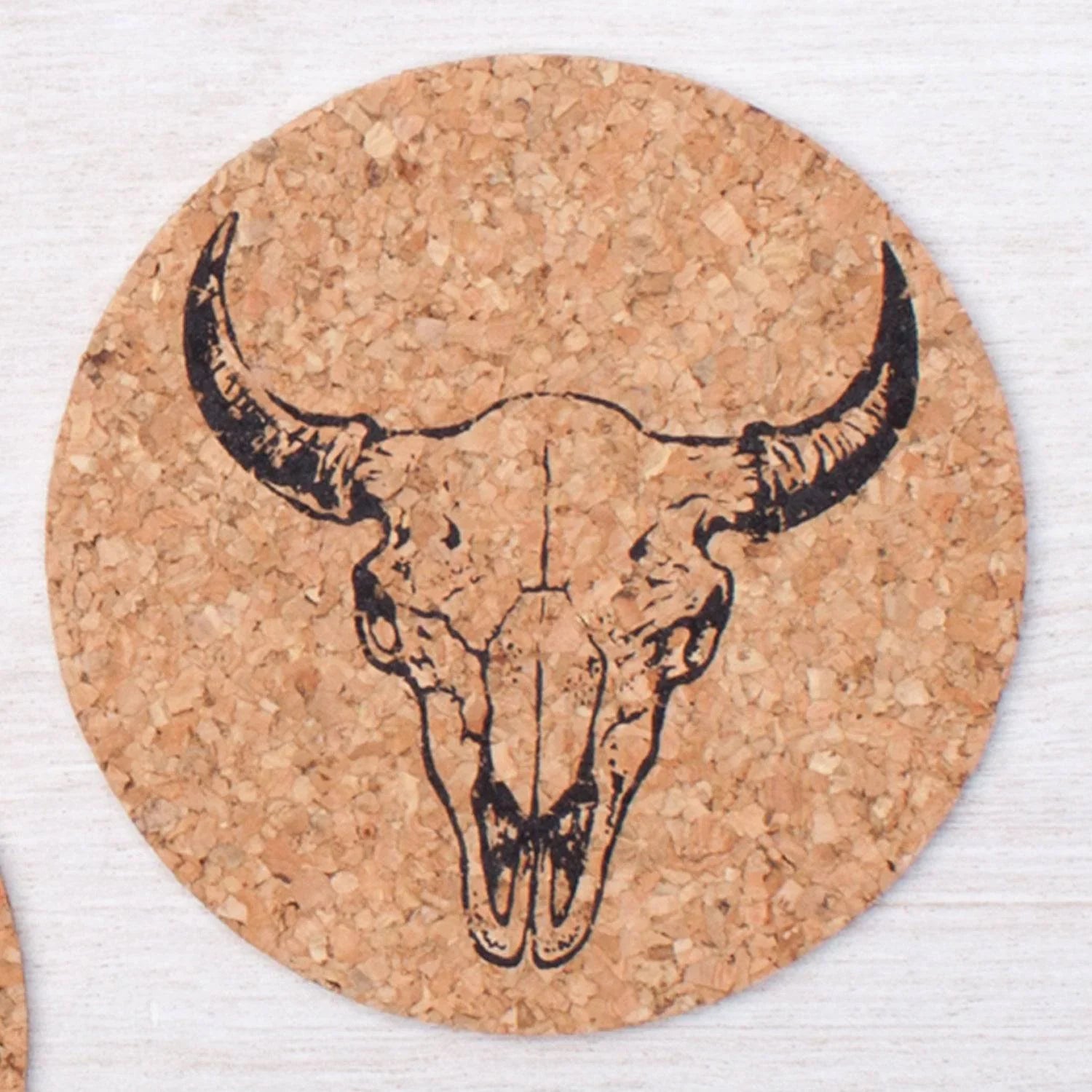 Buffalo Skull Cork Coaster - Hand-Printed, Eco-Friendly - Counter Couture
