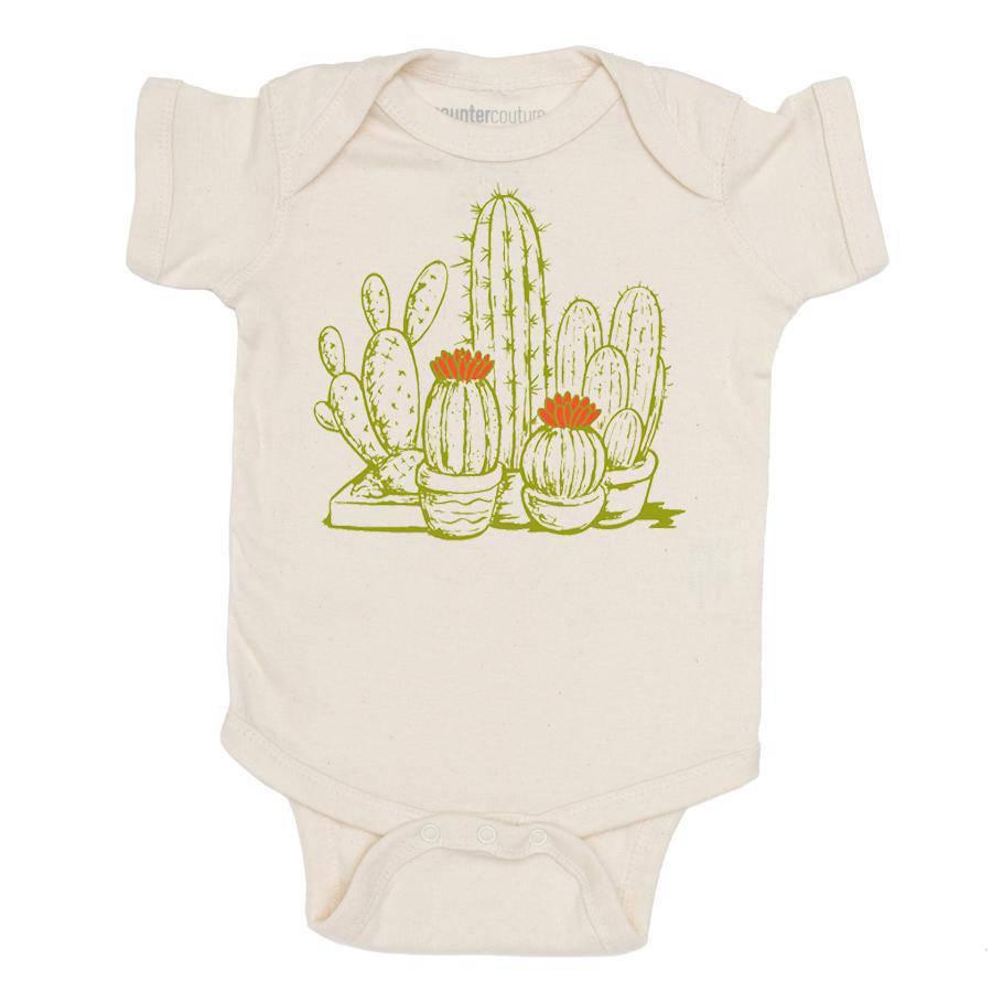 Natural baby onesie with green cactus and red flower graphic print