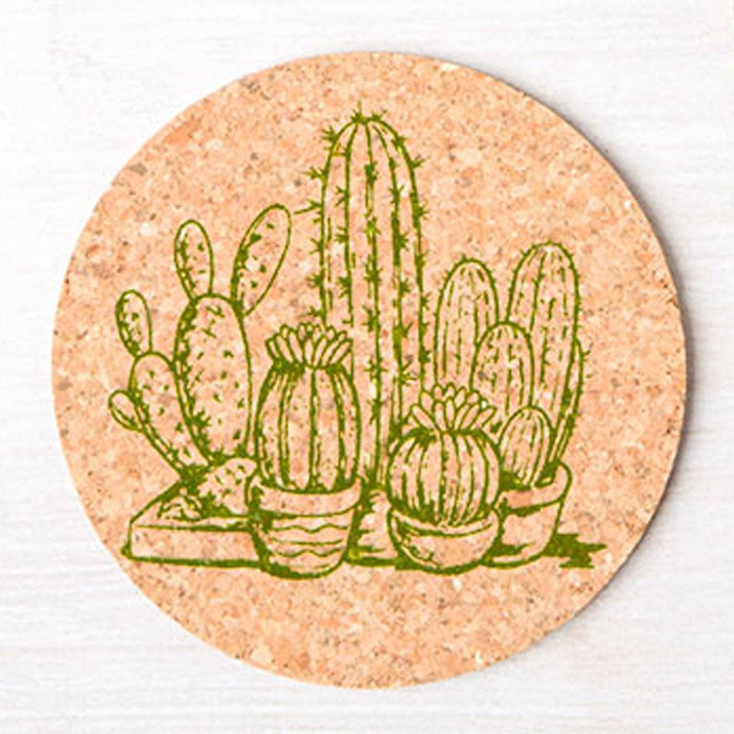 Round cork coaster with green cactus illustration, kitchen decor accessory