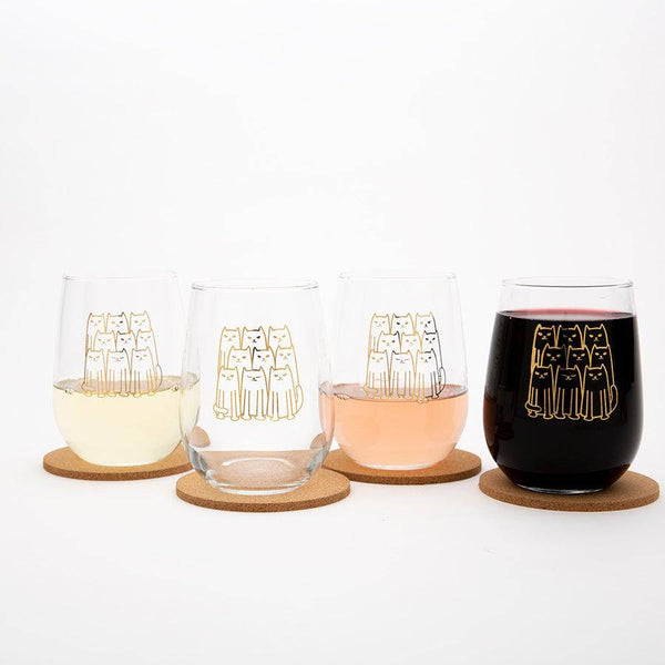 Cats Stemless Wine Glass Gift Set of 4 -Counter Couture