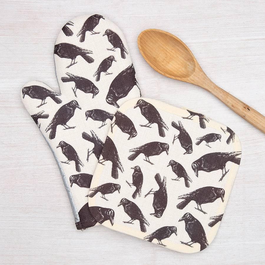 Crow Oven Mitt + Potholder Set - Halloween-Inspired Kitchen Accessories for Hot Dishes - Counter Couture