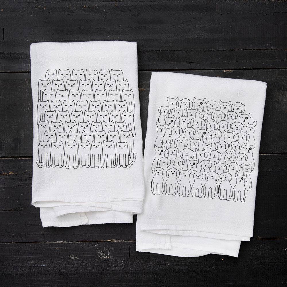 Cat and Dog Flour Sack Tea Towel Set - Eco-Friendly, Hand-Drawn - Counter Couture