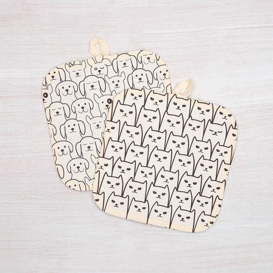 Cat and Dog Potholder Set - Heat-Resistant, Machine Washable, Unique Kitchen Gift, 8" x 8" - Counter Couture