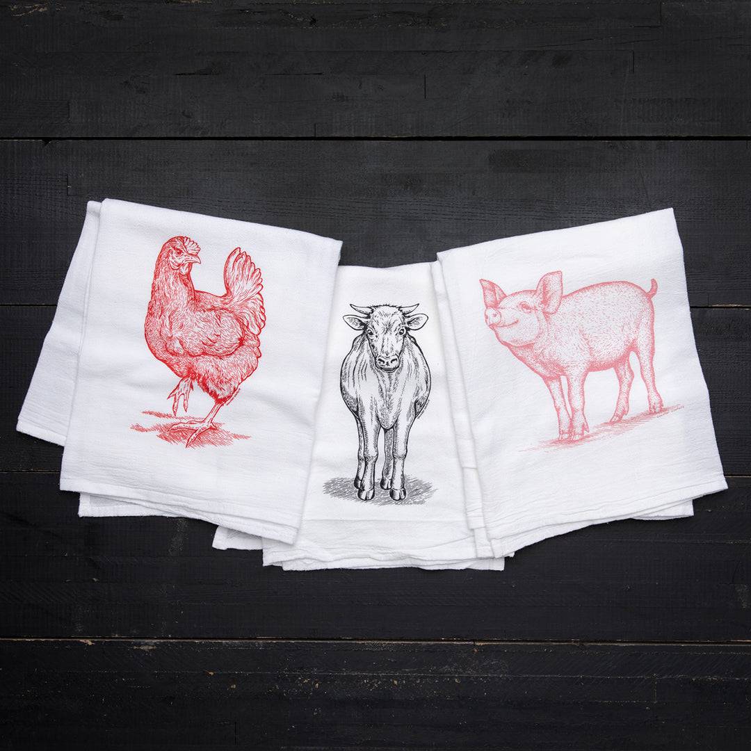Farm Animals Set of 3 Tea Towels - Chicken, Pig, Cow - Counter Couture