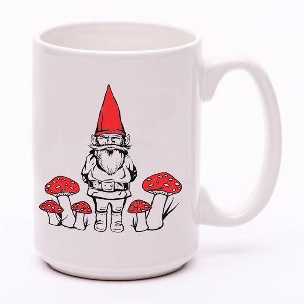 White ceramic mug with a gnome and red mushrooms graphic design