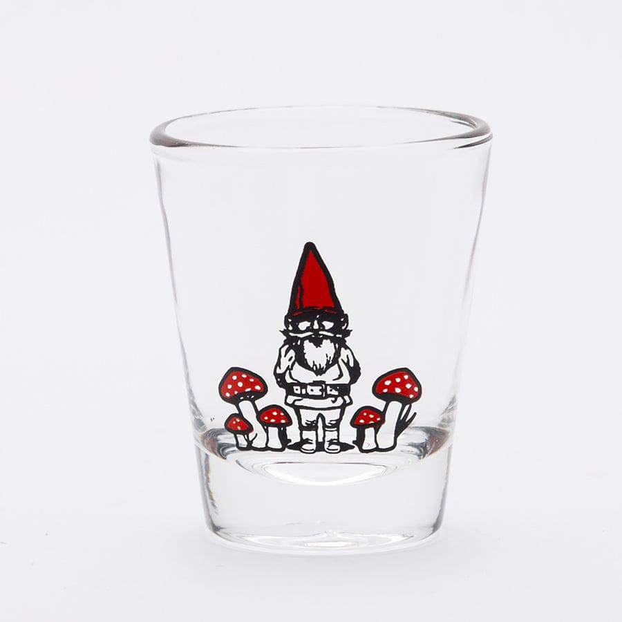 Clear shot glass with a gnome and red mushrooms graphic, whimsical barware gift
