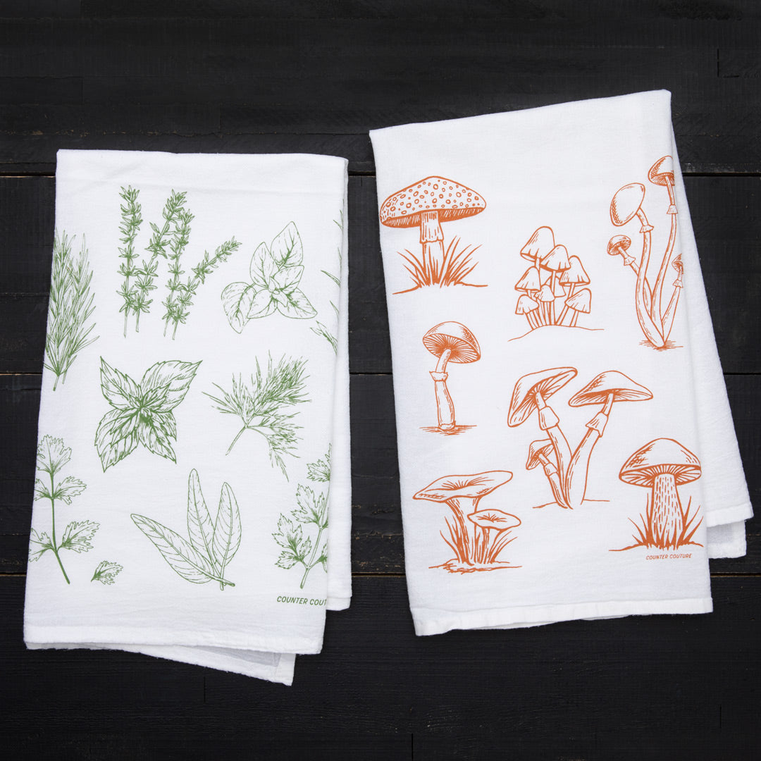 Mushroom and Herb Tea Towel Set - Set of 2, Eco-Friendly, Hand-Made - Counter Couture