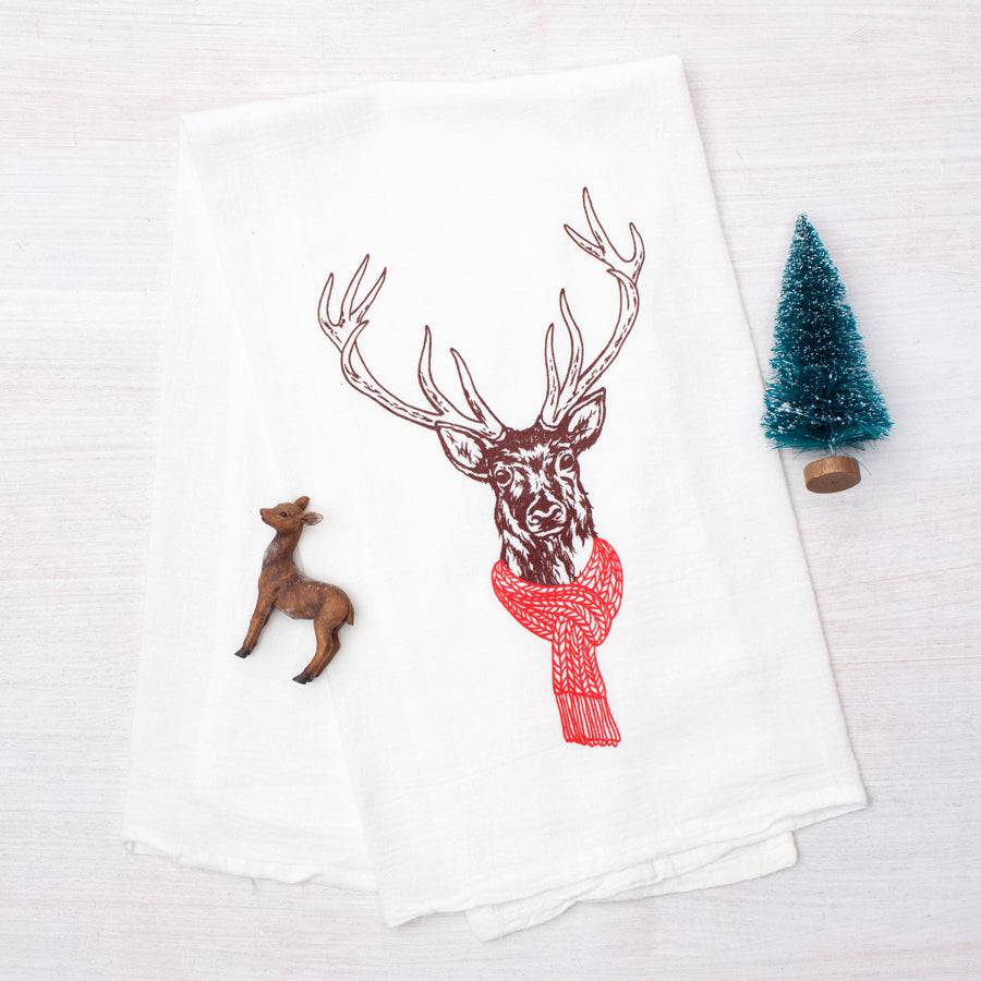 Holiday Deer Flour Sack Towel - Eco-Friendly Cotton, Hand-Drawn - Counter Couture