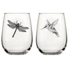Stemless wine glasses with black dragonfly and hummingbird illustrations