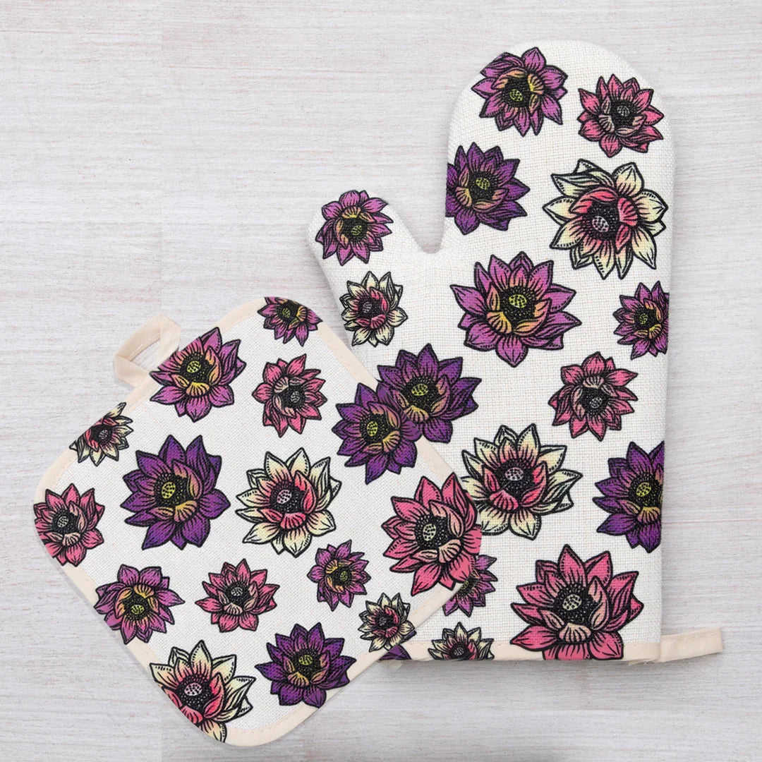 Lotus Oven Mitt + Potholder Set - Heat Resistant Up to 500°F, Perfect for Cooking & Gifts - Counter Couture
