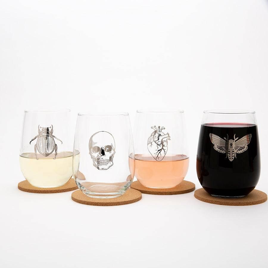 Macabre Set of 4 Wine Glasses - Scarab Beetle, Moth, Skull & Anatomical Heart - Platinum Silver Finish - Counter Couture