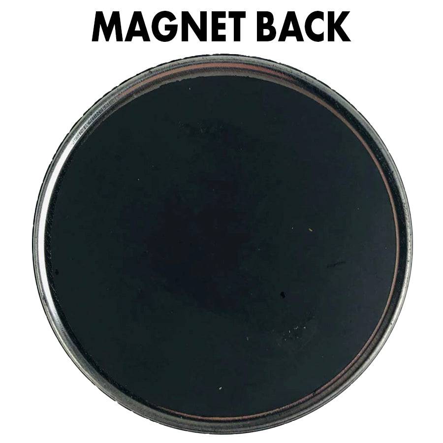 Round black magnet back for fridge or kitchen magnet, close-up view.