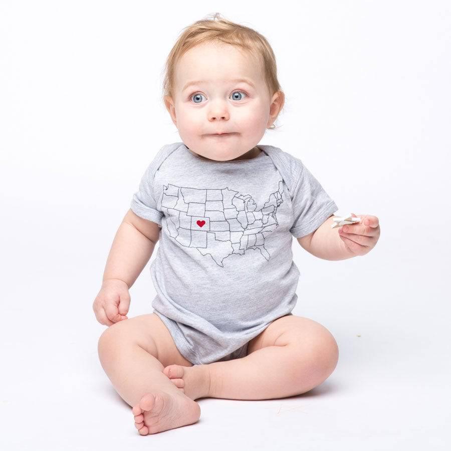 Map Baby Bodysuit - Heather Grey, Customizable, State Pride - Counter Couture