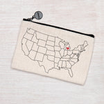 Canvas zipper pouch with USA map outline and red heart over Midwest region