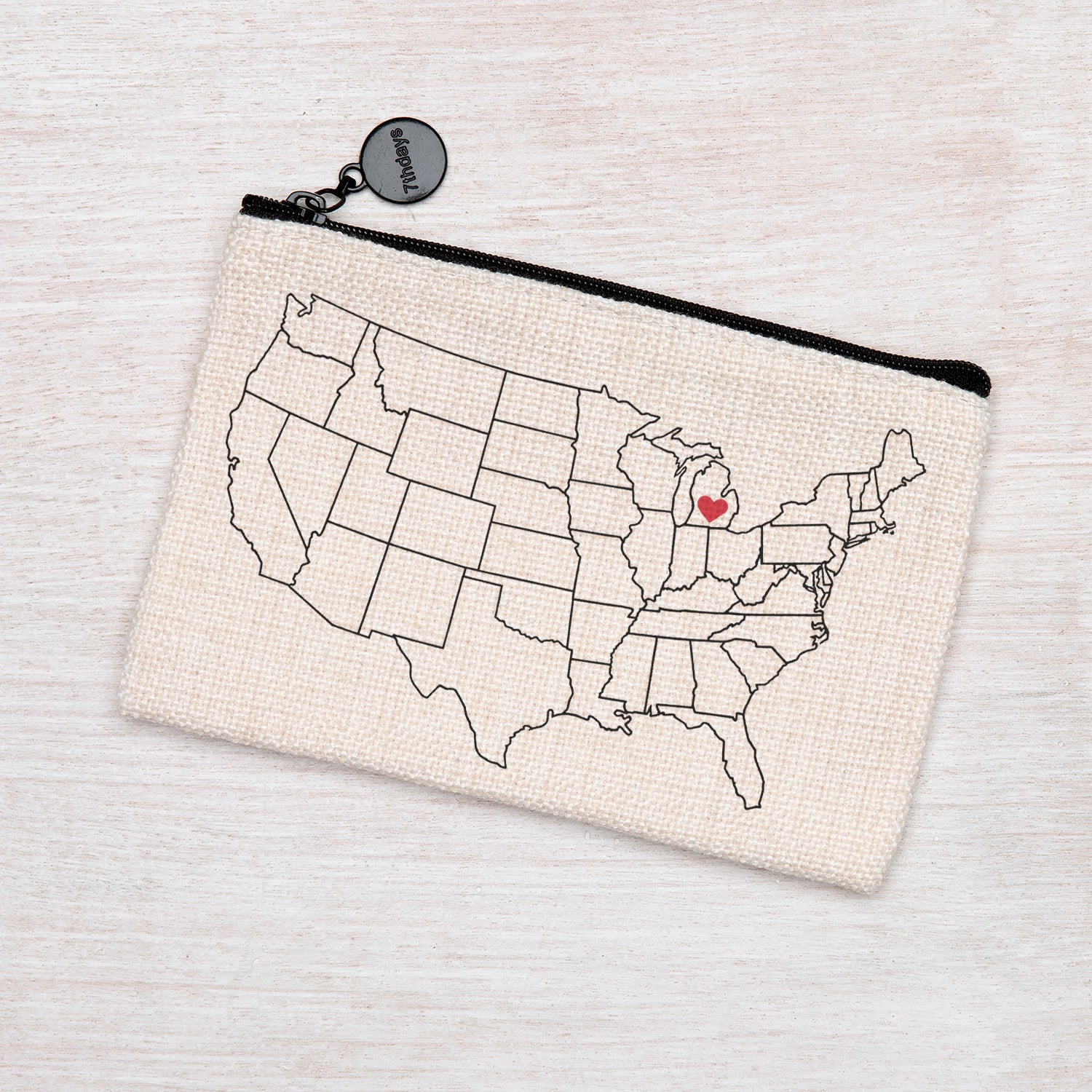 Canvas zipper pouch with USA map outline and red heart over Midwest region