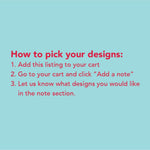 Instruction graphic on how to select designs for custom kitchen towels or barware.