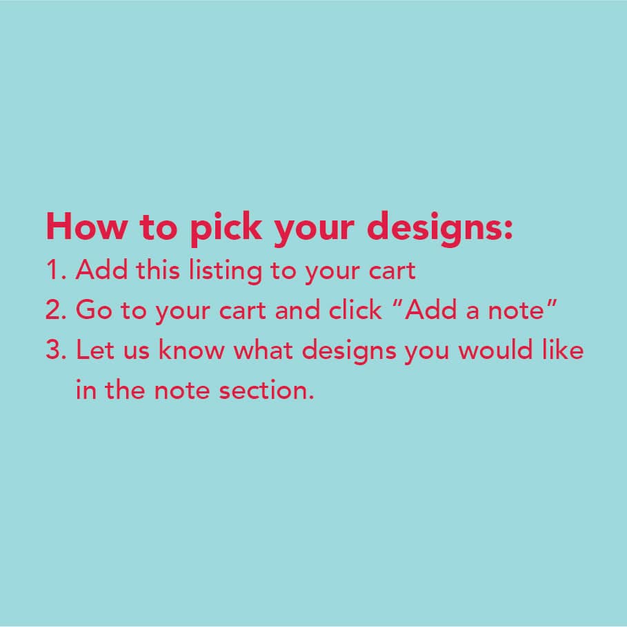 Instructions for choosing custom designs online, text on blue background.