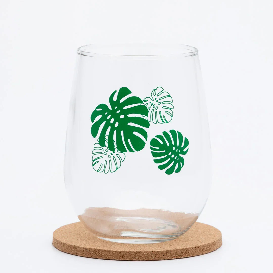 Monstera Stemless Wine Glass - 17oz Glass - Dishwasher Safe - Counter Couture