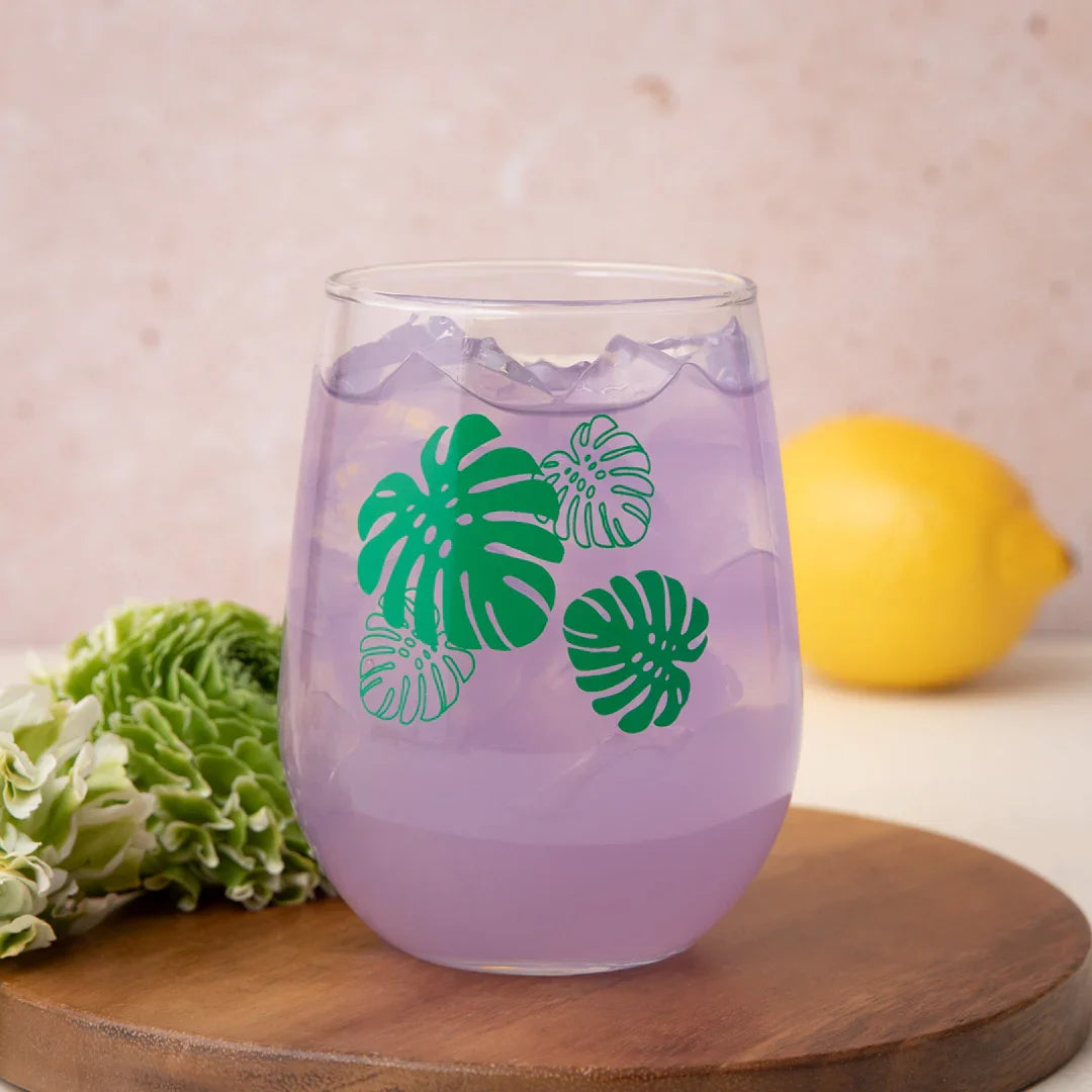 Monstera Stemless Wine Glass - 17oz Glass - Dishwasher Safe - Counter Couture
