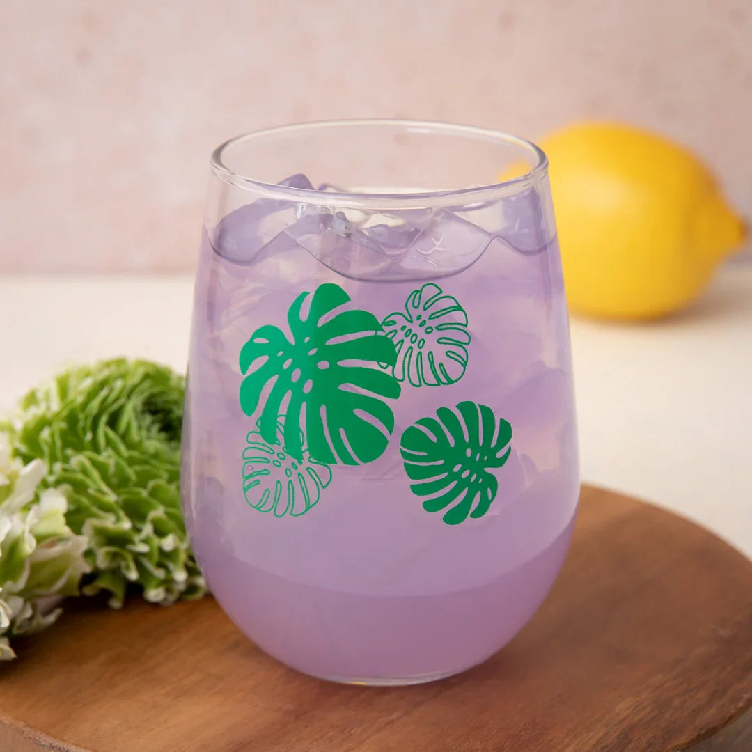 Monstera Stemless Wine Glass - 17oz Glass - Dishwasher Safe - Counter Couture